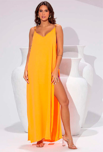 V Neck Straps Orange Long Dress