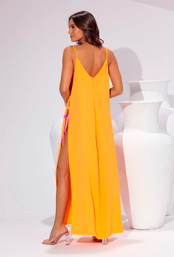 V Neck Straps Orange Long Dress