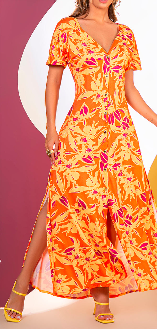 Midi Dress Orange Floral Pattern